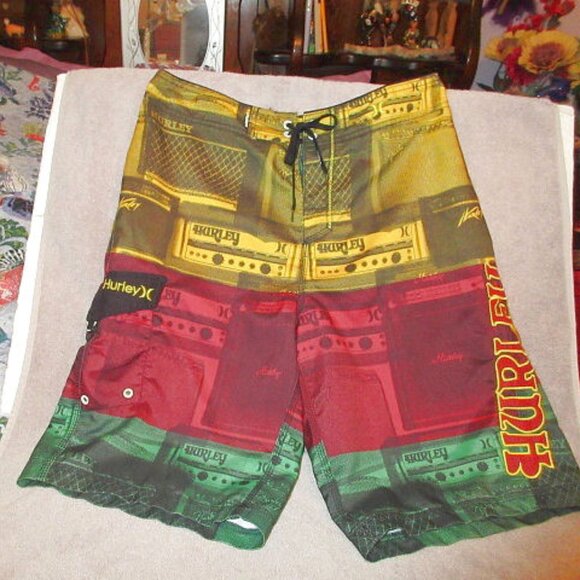 Hurley Rock Star Board Shorts Size 32 Psychedelic Swim Cargo Surfer Guitar Amp - Picture 1 of 7